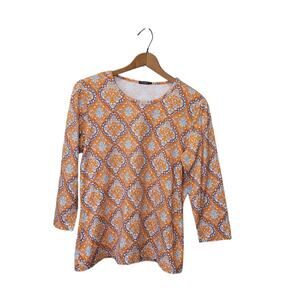 J Mclaughlin Catalina Cloth Round Neck Orange Blue White Floral Print Top Large